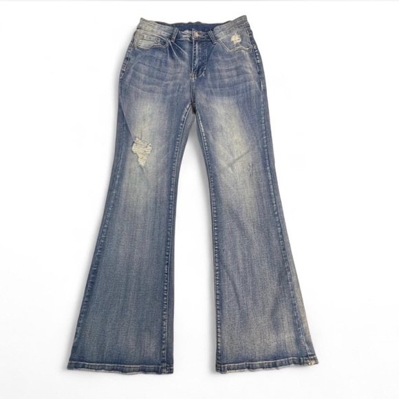 Denim - Distressed Medium Wash Flared Jeans Women’s Large Western Boho Denim Classic